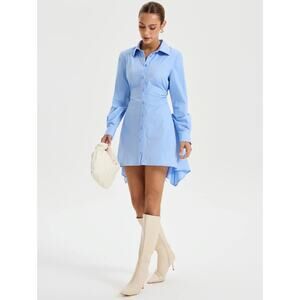 NWT Women's Commense Blue Asymmetric Hem Ruched Shirt Dress Sz L